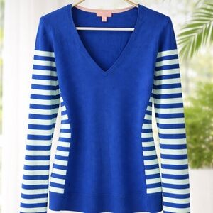 Lilly Pulitzer Size S Blue and White Striped V-Neck Sweater